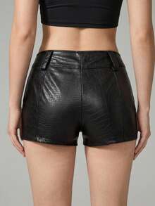 SHEIN Tall 女款素色拉鍊時尚百搭日常休閒短褲 - 黑色 - 查看 2