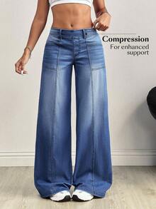 Flexra Plus Size Fashionable Medium Blue Washed Wide Leg Jeans - Medium Wash - View 4