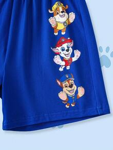 SHEIN | PAW Patrol 卡通印花圆领短袖T恤和短裤休闲套装，适合小男孩 - 藏蓝色 - 查看 10
