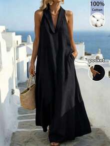 Breezaya Plus Size Women Solid Color Pocket Casual Daily Wear Dress Beach Vacation Black Summer - Black - View 1