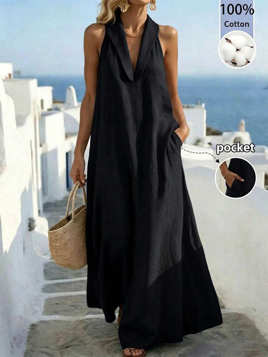 Breezaya Plus Size Women Solid Color Pocket Casual Daily Wear Dress Beach Vacation Black Summer - Black - View 1