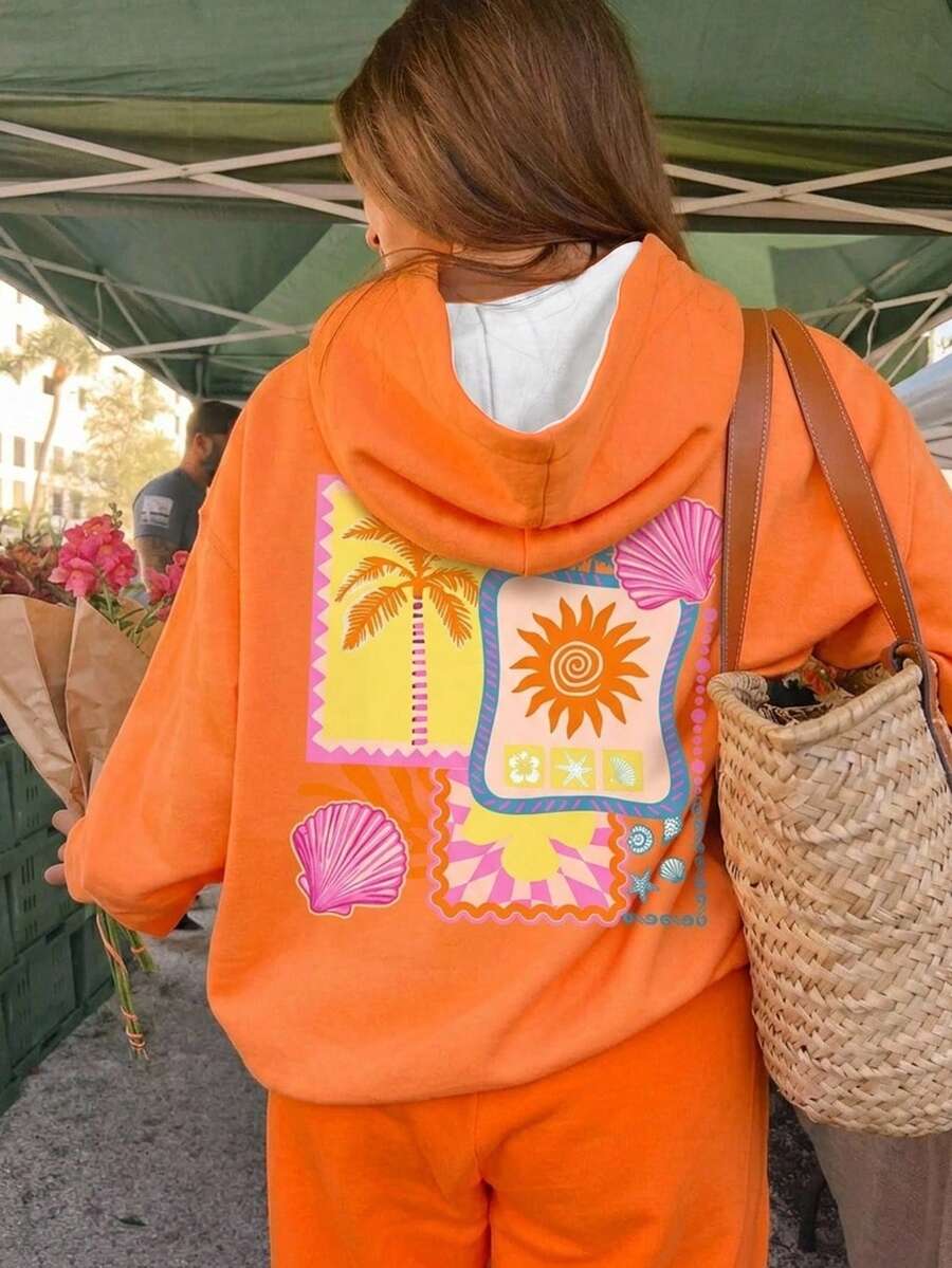 Tween Girl Palm Tree Print Drop Shoulder Long Sleeve Loose Casual Tropical Sweatshirt Travel Vacation Orange Summer - White - View 1