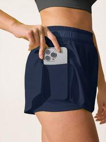 Easithlete Easithlete Casual Versatile Navy Blue Waistband Patchwork Mesh Slimming Storage Pocket Sports Shorts - Navy Blue - View 3
