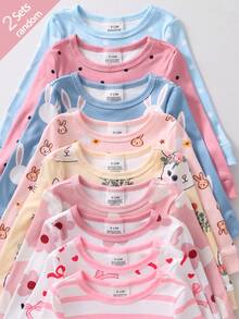SHEIN 【隨機9款，發貨2套】女嬰居家緊身睡衣套裝，長袖長褲，兔子愛心蝴蝶結波點條紋花朵卡通印花，四季適用，居家或戶外玩耍，柔軟親膚貼身 - 彩色 - 查看 6