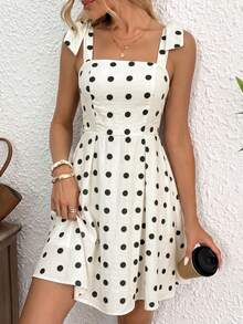 SHEIN LUNE Women's Casual 70s Romantic Cute Summer Vacation Commute Brunch Beach Daily Basic Outing White With Black Polka Dots Sleeveless Tie Waist Short Dress - Black and White - View 7