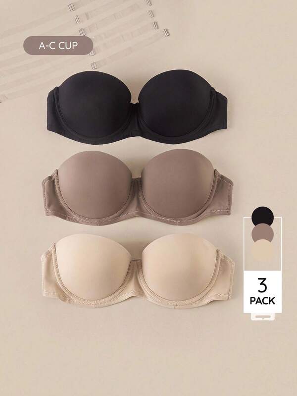 Bralution Black Underwire Molded Cup Strapless Bandeau Non-Slip Comfy Balconette Minimalist Casual Comfortable Everyday Women's Bra