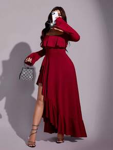 Viva Relle Plus-Size Women's Square-Neck Asymmetrical Ruffled A-Line Party Red Dress - Burgundy - View 5
