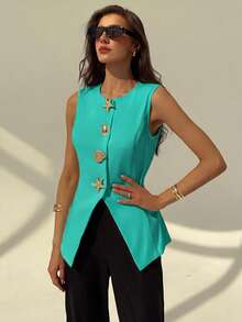 Aloruh Rompi Blazer Wanita dengan Dekorasi Bintang Laut Logam - Teal Blue - View 6