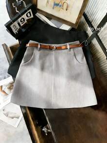 SHEIN Franclia 女款灰色條紋迷你裙，秋季優雅通勤款，適合開學季、休閒日常、派對、度假、春夏季上班穿搭裙 - 彩色 - 查看 6