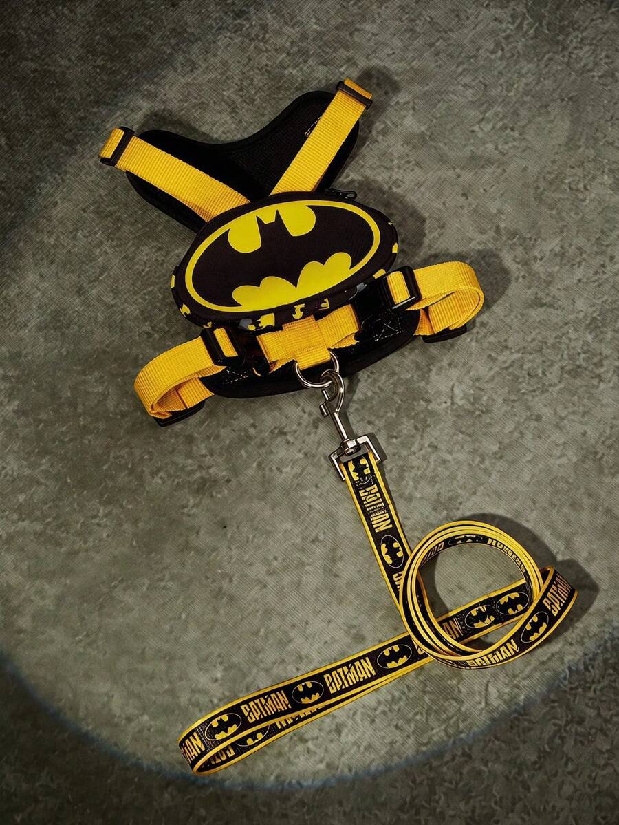 Batman X PETSIN Collaboration 1 Set Yellow Black Contrast Color Cartoon Print Pet Collar And Leash, Buckle Design, Breathable And Comfortable, Cool And Eye-Catching Color Matching. - Black - View 1