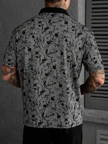 Manfinity Homme 男士大尺碼花卉印花休閒通勤旅行短袖 Polo 衫 - 黑色 - 查看 2