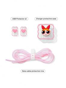THE POWERPUFF GIRLS X SHEIN Data Cable Protector, Suitable For IPhone Charger, 4-Piece Set Of Mobile Phone Cable Protectors, Charger Protector (Excluding Data Cable) - Blossom-Pink - View 4