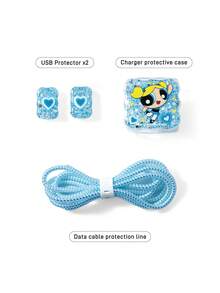 THE POWERPUFF GIRLS X SHEIN 4-Piece Mobile Phone Data Cable Protective Cover Is Suitable For IPhone Charging Cable Data Cable Protective Cover (Excluding Data Cable) - Bubbles-Blue - View 5