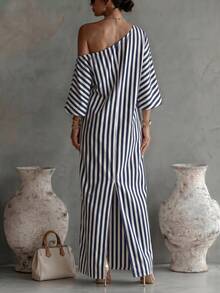Balvessa Women's Asymmetric Neck Striped Casual Daily Summer Travel Dress - Navy Blue - View 2