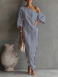 Balvessa Women's Asymmetric Neck Striped Casual Daily Summer Travel Dress - Navy Blue - View 4