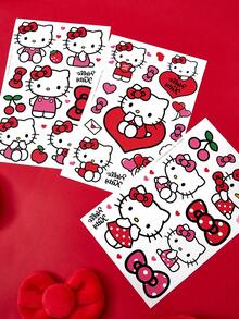 HELLO KITTY AND FRIENDS | SHEIN 3件裝可愛白色貓咪配紅色蝴蝶結臨時紋身貼，卡通主題防水身體藝術貼紙，適合成人 - 彩色 - 查看 4
