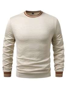 EGENSIO Men's Knitted Jacquard Solid Color Textured Collar & Cuff Flat Knit Ribbed Hem Pullover Sweatshirt - Apricot - View 5