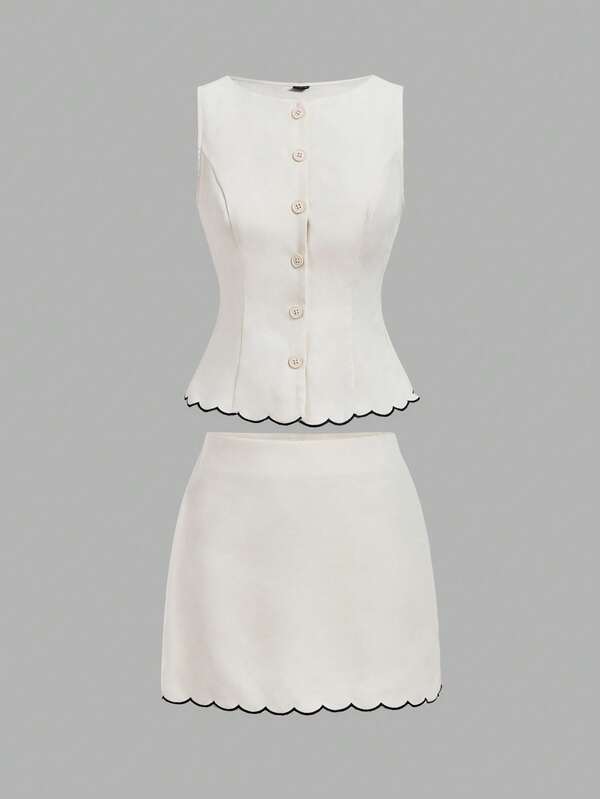SHEIN MOD Embroidered Boat Neck Single-Breasted Vest Jacket And Skirt Suit Set