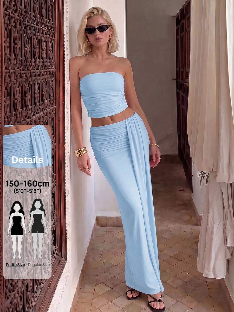 SHEIN PETITE Bandeau Mesh Top And Low Waist Skirt Set Vacation Beach Blue Summer Sexy - Baby Blue - View 1