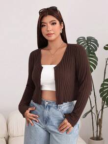 Solflare Chocolate Brown Front Button Cropped Plus Size T-Shirt - Chocolate Brown - View 5