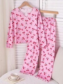 Girls' Fashionable Comfortable Cute Cherry Print Long Sleeve Pants Milk Silk Fabric Loungewear Set - Pink - View 4
