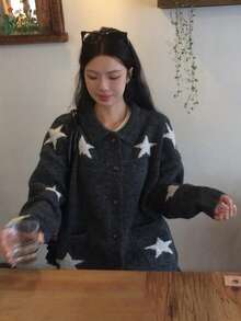 DAZY Women's Contrast Color Pentagram Patchwork Long Sleeve Cardigan With Lapel - Baby Pink - View 8
