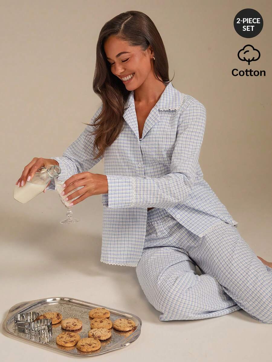 Athîral Women's Casual Collar Long Sleeved Loose Top Plaid And Loose Pants Pajama Set, Suitable For All Seasons Daily Home Wear With A Relaxed And Casual Feel - Blue - View 1