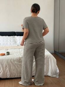 Napfluff CURVE Napfluff CURVE Striped Women's Spring/Autumn Short Sleeve & Long Pants Fashion Loungewear 2 Pieces Set Plus Size - Multicolor - View 2