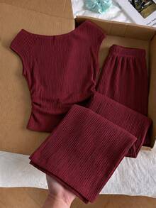SHEIN Teen Girls' Tank Top Set T-Shirt With Asymmetric Neck Cut, Spaghetti Strap Support On One Side And Natural Shoulder Exposure On The... - Burgundy - View 2