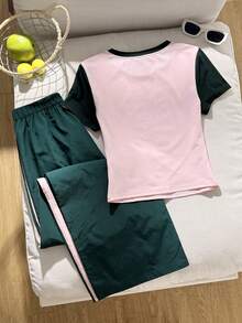SHEIN 青少年女孩休閒日常百搭舒適圓領短袖T恤與長褲套裝 - 彩色 - 查看 2