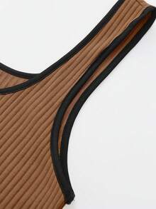 GlowEve CURVE Plus Size Elegant Casual Commute Travel Outfit Fashion Khaki Black Colorblock Decor Slimming Ribbed Bodysuit For Women - Khaki - View 5