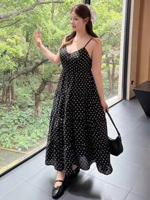 Bijouette 大尺碼女款波點簡約可愛甜美風休閒優雅度假細肩帶洋裝，適合約會與約會之夜，滿版黑白配色夏季款 - 黑與白 - 查看 4