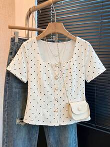 Elenzga Plus Size Women's Woven Regular Fit French 1950s Vintage Minimalist Round Neck Short Sleeve Cinched Waist White Polka Dot Pearl Button Blouse Summer - Beige - View 5