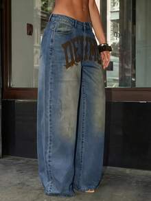 Denimoi Denim Verbiage Washed Straight Leg Jeans Fashionable Streetwear Statement Jeans Washed Jeans - Medium Wash - View 3