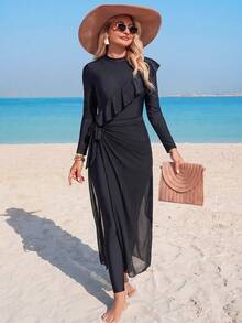 Swim Shayni Swim Modest Women Ruffle Long Sleeve Burkini Split Swim Dress With Belt - Black - View 4