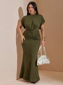 SHEIN BAE CURVE Plus Size Women's Green Pleated Fitted Elegant Long Dress - Army Green - View 3