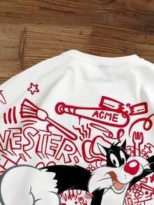 LOONEY TUNES X SHEIN Manfinity Joysei 男士寬鬆版短版T恤，背面字母與卡通圖案印花 - 白色 - 查看 5