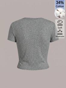 SHEIN BASICS 女款純色休閒圓領短袖短版T恤上衣 白色上衣 - 灰色 - 查看 2