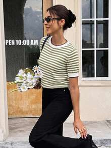 Serisse Top de punto de manga corta con rayas de color contrastante - Multicolor - Ver 8