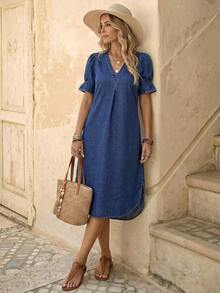 EMERY ROSE Ladies' Solid Color Simple Daily Short Sleeve Denim Dress - Dark Wash - View 1