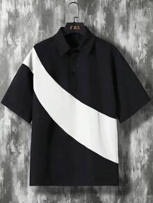 Manfinity Hypemode 男士對比色 Polo 領短袖 T 恤與工裝短褲休閒兩件套 - 彩色 - 查看 4