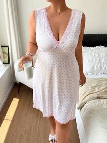 Napfluff CURVE Napfluff CURVE Regata Casual Plus Size Feminina com Poá, Laço e Renda, Roupa de Descanso e Camisola - Rosa chiclete - Visão 6