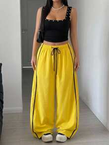 Maweii Plus Size Women's Drawstring Waist Colorblock Casual Versatile Everyday Travel Long Pants Fall - Yellow - View 7