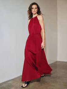MOTF PREMIUM URBAN SATIN CHIFFON PATCHWORK FITTED DRESS SPRING/SUMMER - Red - View 3
