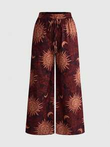 ROMWE Hippie Plus Size Dark Vintage Mysterious Star & Moon All-Over Print Long Pants - Red - View 1