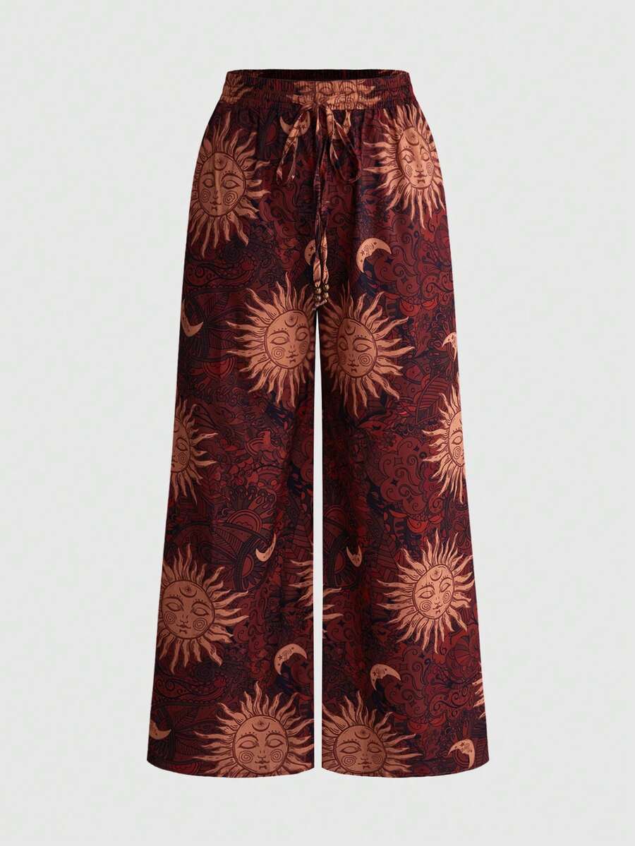 ROMWE Hippie Plus Size Dark Vintage Mysterious Star & Moon All-Over Print Long Pants - Red - View 1