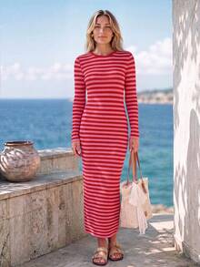 Sylviya Vestido casual de mujer francés de manga larga a rayas rojas para otoño/invierno, ropa de vacaciones de otoño para mujer, vestido elegante, vestidos casuales, vestido de playa - Multicolor - Ver 2