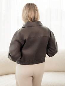 Ximena Robles Ximena Robles Women's Casual PU Leather Collar Long Sleeve Regular Jacket Y2k - Coffee Brown - View 2