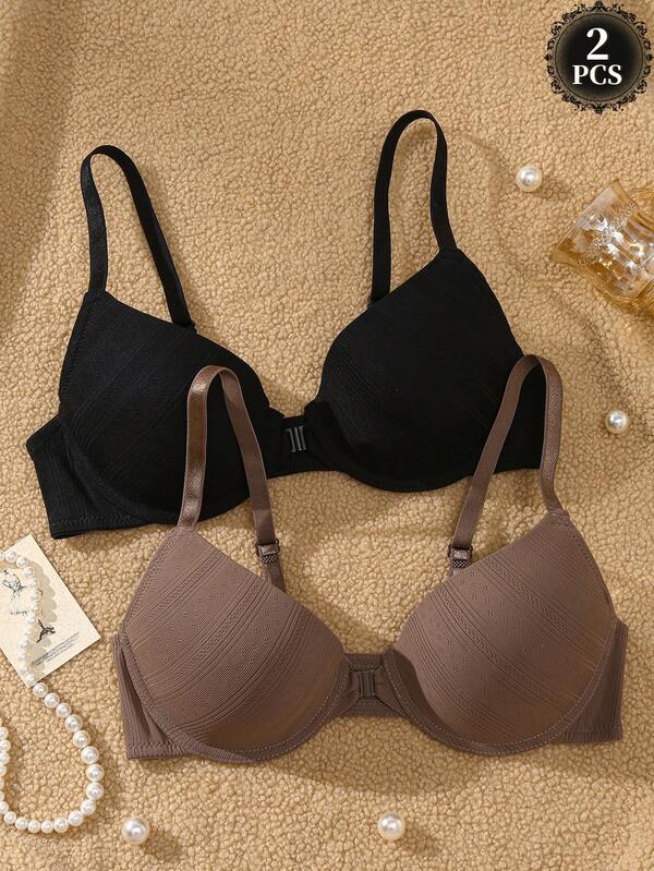 SHEIN 2pcs Women's Underwire Front Closure Push-Up Bra