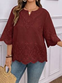 SHEIN LUNE Plus Size Women's Floral Embroidered Pattern Casual Daily Wear Shirt - Brown - View 5